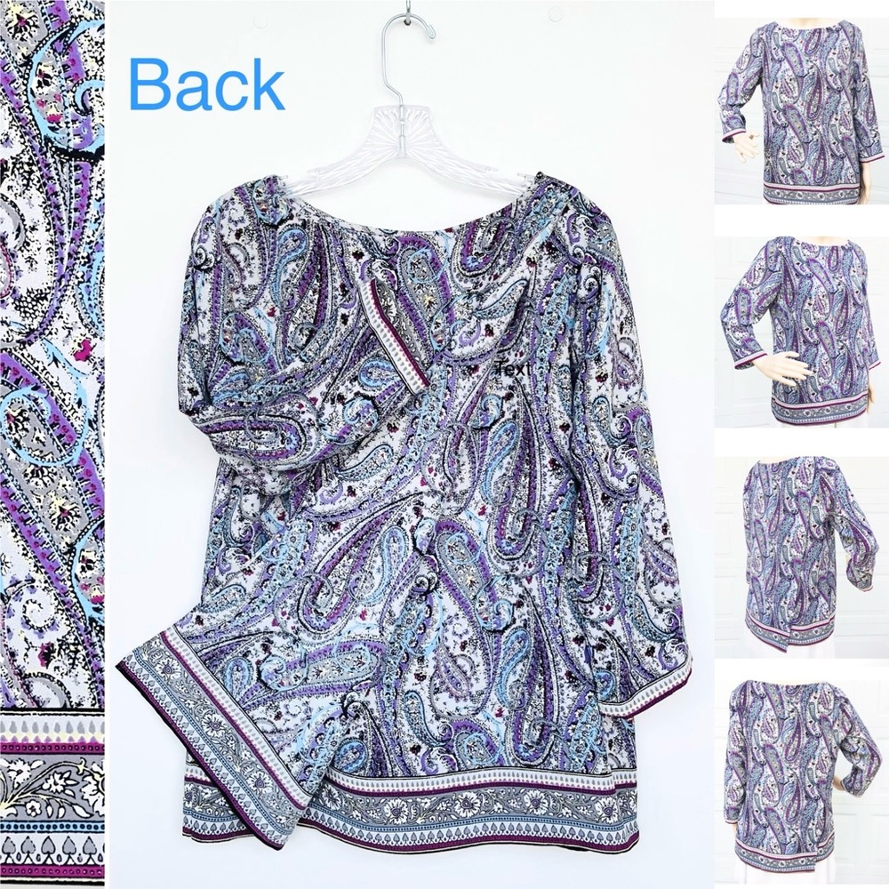 J. Jill Paisley Crepe Boho Tunic Blouse 3/4 Sleeve Boat Neck Back Faux Wrap